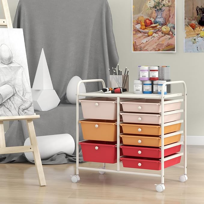 Giantex 9 Drawers Rolling Cart, Classroom Organizers, Storage Cart with Wheels, for Teacher Office Home School Supplies Tool Craft Art Paper, Macaron Multicolor