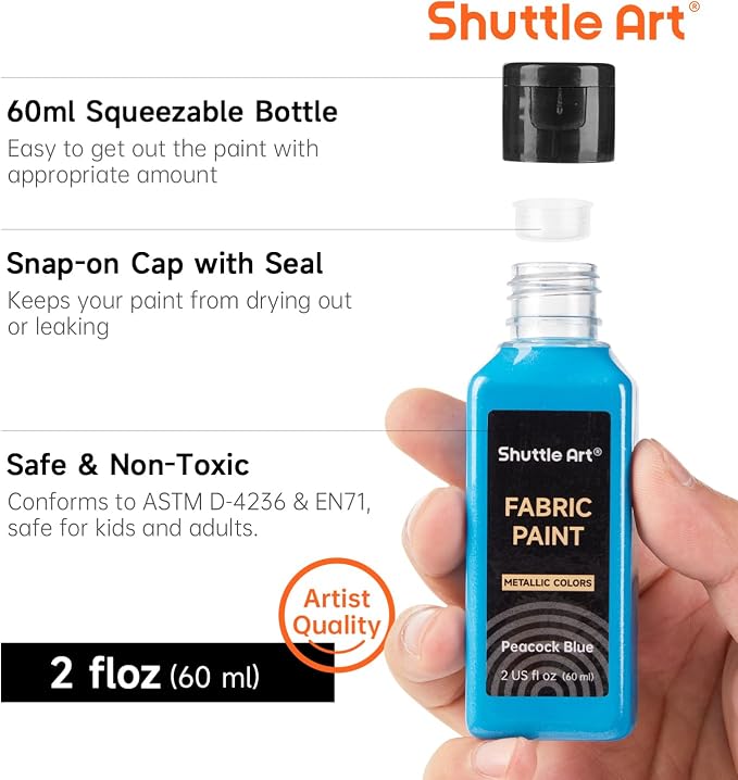 Metallic Fabric Paint, Shuttle Art 18 Metallic Colors Permanent Soft Fabric Paint in Bottles (60ml/2oz) with Brush and Stencils, Non-Toxic Textile Paint for T-shirts, Shoes, Jeans, Bags & DIY Projects
