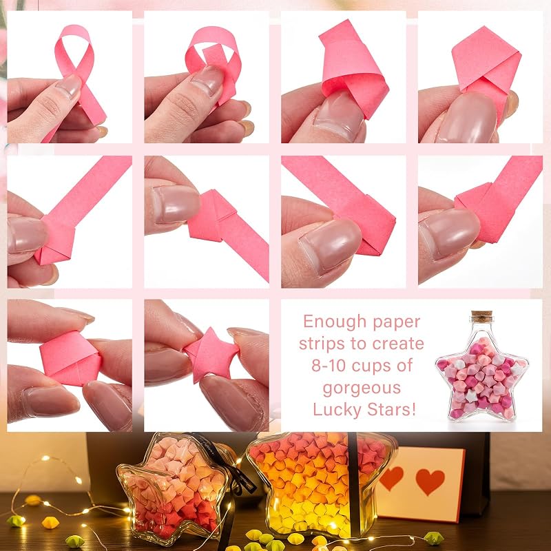 Kigeli 1000 Sheets Paper Strips Foil Star Glitter Origami Stars Shiny Origami Paper for DIY Crafts Weaving Projects (Pink,Solid Style)