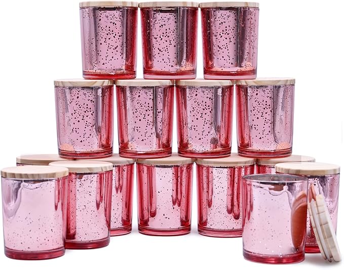 SHOWIN Thick Candle Jars for Making Candles 16 Pcs, 7 OZ Empty Jars with Wood Lids for Candle Making, Sample Container, Rose Pink