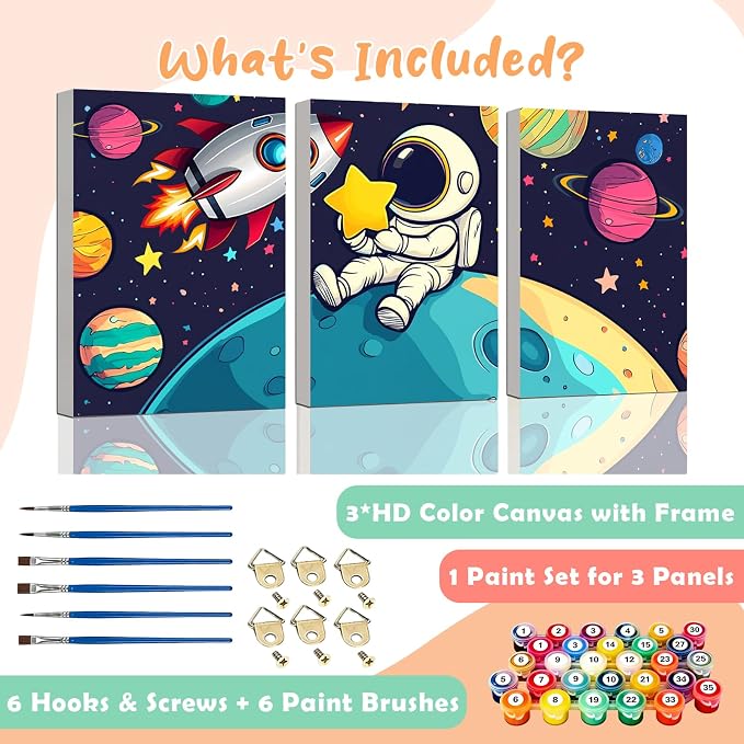 3 Piece Paint by Numbers Kit for Kids Easy Kid Paint by Number Kits Ages 8-12 Space DIY Painting Kits for Kids Age 4-8 Beginner Paint by Number Canvas with Frame Children Color by Numbers Kit 8x12 In