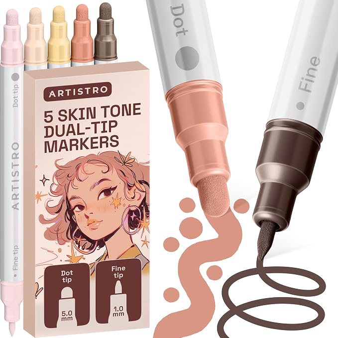 ARTISTRO Skin Tones Dual-Tip Acrylic Paint Marker Pens - Set of 5 | For Fabric, Rock, Glass, Wood, & Coloring Books, Arts & Crafts Gift, Classroom Must Haves & School Supplies (Dot & Fine Tips)