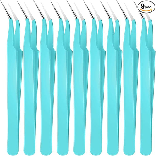 Honoson 9 Pcs Curved Pointed Craft Tweezers Precision Tweezer,Blue