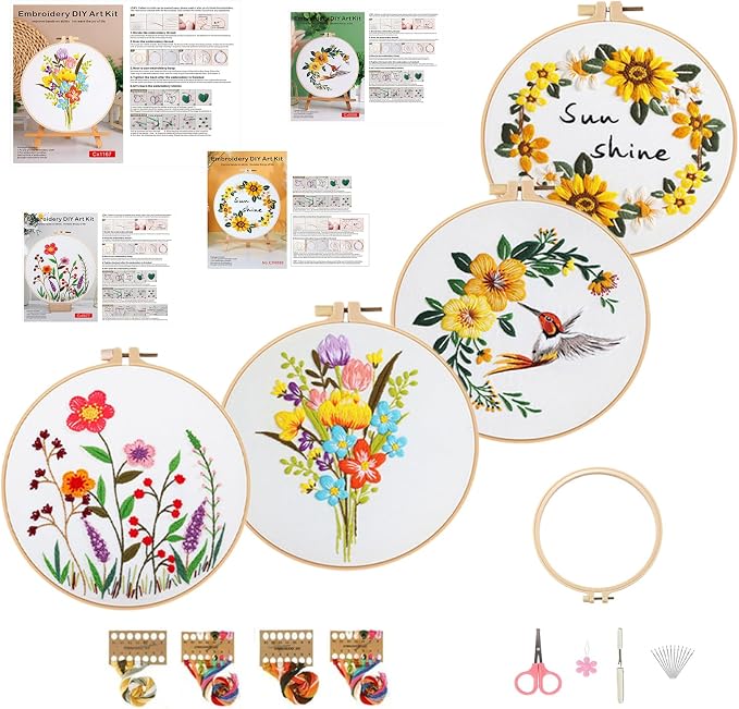 Vigdit 4 Pack Embroidery Kit for Beginners, Needlepoint Cross Stitch Kit for Adult Beginner, Easy DIY Hand Embroidery Starter Kit with Stamped Floral Pattern Embroidery Hoop Tools and Instruction