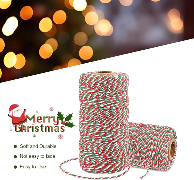 jijAcraft Christmas Twine String, 328 Feet Red Green and White Bakers Twine String, 2MM Heavy Duty Packing String for DIY Crafts, Christmas Decoration, Gift Wrapping, Craft Wrapping