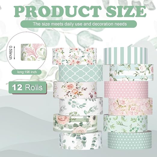 12 Rolls Floral Washi Tape Set,Pink and Green,Spring | Watercolor Flowers Design for Scrapbook Journal DIY Craft School Supplies, 15 mm Vintage Decorative Masking Washi Tapes