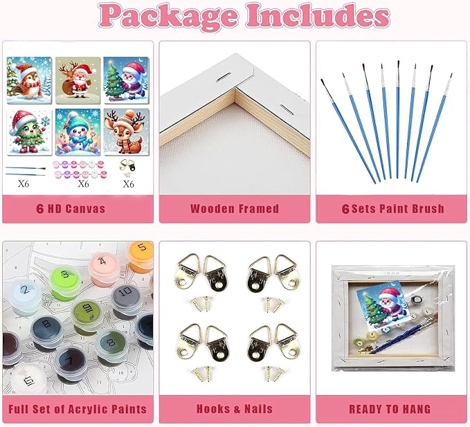 6 Pack Christmas Framed Paint by Numbers for Adults, Easy Acrylic Cartoon Painting by Number Kits on Canvas, Christmas Painting by Numbers Kits, Adults' Paint-by-Number Kits for Home Wall Decor 8x8in