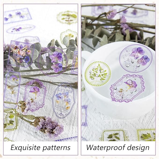 Bomichi 120 Pcs Flowers Stamp Stickers, Vintage Aesthetic Scrapbook Supplies for Junk Journal Bullet Therapy Planner Laptops Card Making Supplies