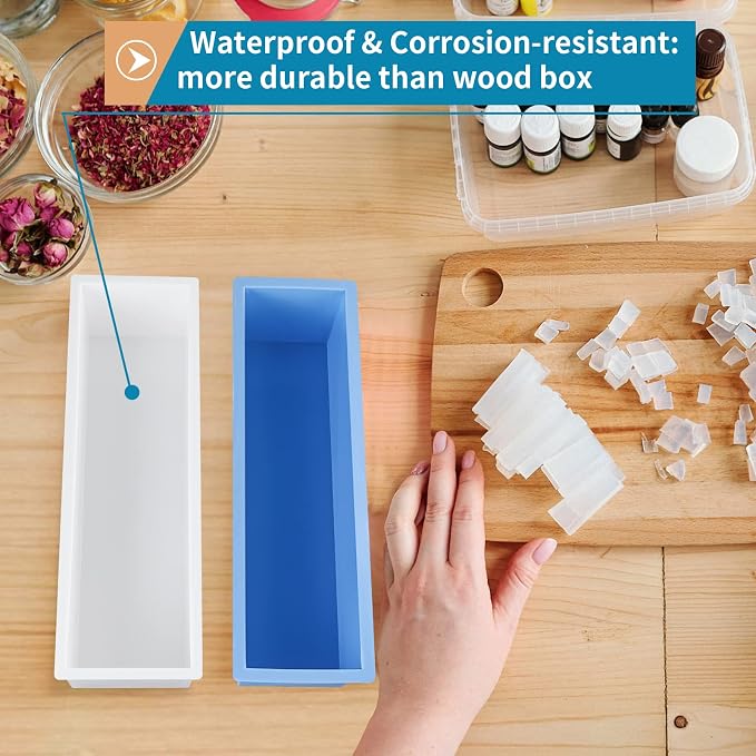 2 Pcs Loaf Soap Mold with Plastic Box, Flexible Silicone Rectangular Mold 42oz, Swirl Making Tool for DIY Soap, Handmade Candles, Resin Casting, Homemade Desserts (Blue)