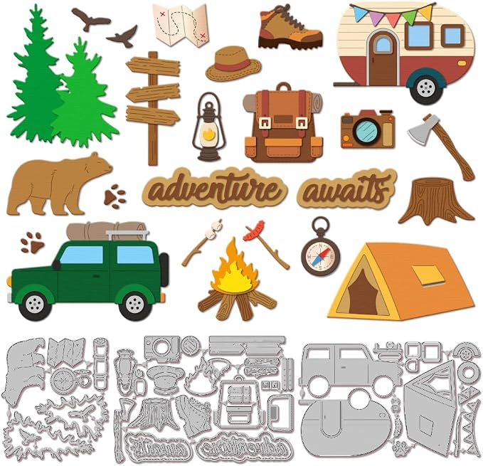 GLOBLELAND Camping Cutting Dies for Card Making Tent Car Cut Die for DIY Scrapbooking Journal Embossing Paper Craft Decor