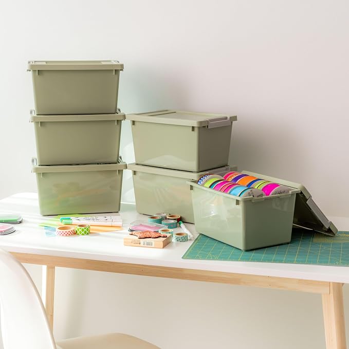 IRIS USA Storage Bins with Lids |Made in USA| 4 Qt - (6-Pack) - Sage Green | Sensory Craft Organizers, Plastic Clip Box Totes, Flat Containers for Organizing Paper, Office, Art & Study Supplies
