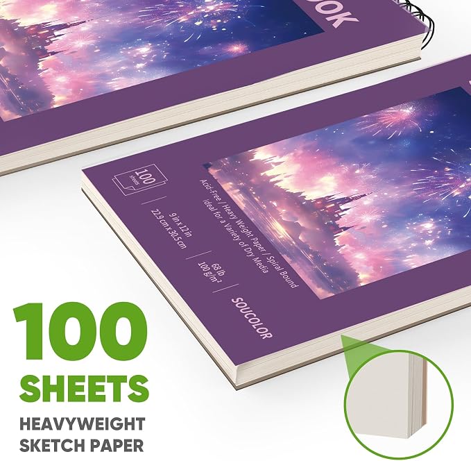 Soucolor 9"x12" Sketch Book for Women,Purple Girls Sketchbook | Fine-Textured|100 Sheets (68lb/100gsm) Drawing Paper| Art School Supplies for Kids,Beginners, and Adults