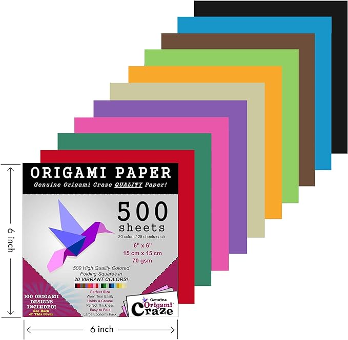 Origami Paper 500 Sheets Premium Quality for Arts and Crafts 6" Square Sheets 20 Vibrant Colours Same Colour on Both Sides 100 Design Ebook Included (See Back of Cover for Download info)
