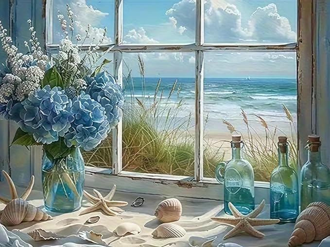 CHWGLFGG 5D Beach Window Diamond Art Kits for Adults Beginners 12x16in | Blue Hydrangea Flower Diamond Painting Kit DIY Full Round Drill Paint by Diamonds Dot Gem Art for Adult, Home Wall Decor