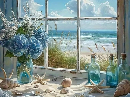 CHWGLFGG 5D Beach Window Diamond Art Kits for Adults Beginners 12x16in | Blue Hydrangea Flower Diamond Painting Kit DIY Full Round Drill Paint by Diamonds Dot Gem Art for Adult, Home Wall Decor