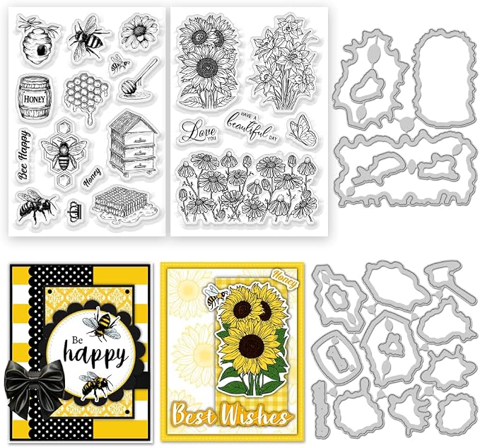 40Pcs Bees Sunflowers Clear Stamps and Dies for Card Making Metal Cutting Die Sets Sunflowers Honey Die Cuts for Album Paper Scrapbooking Photo Journal DIY Crafting