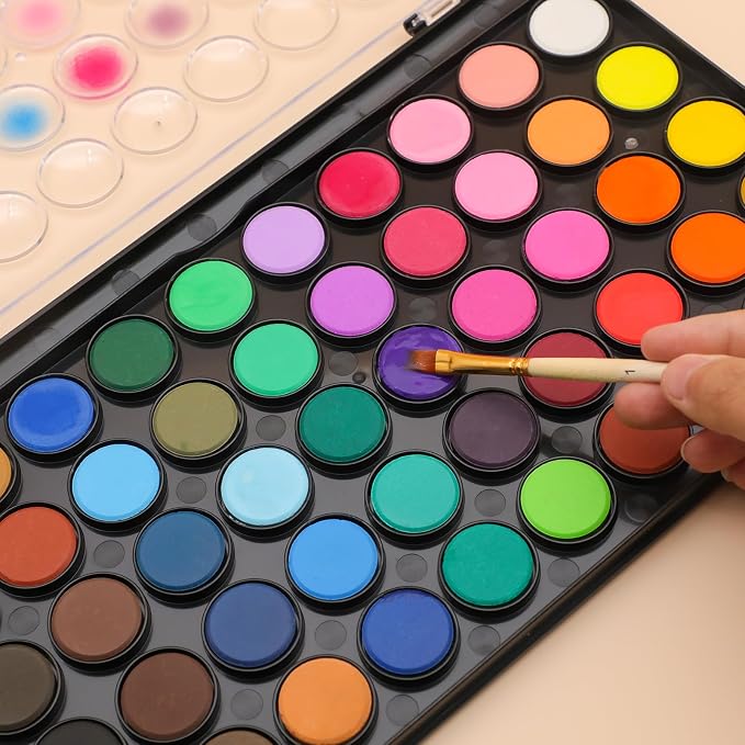 Artecho 48 Colors Watercolor Paint Set, 3 Brushes | Washable Pan Watercolor, Travel Portable Design, for Card Making, Illustrations, Painting