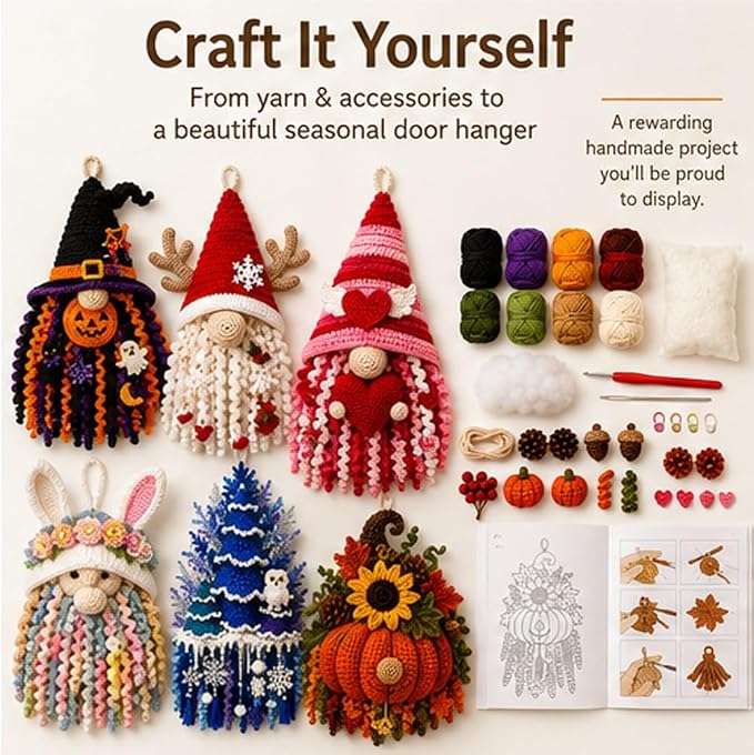 DIY Seasonal 3D Crochet Door Hanger Kit Collection, Handmade Wall Hanging
