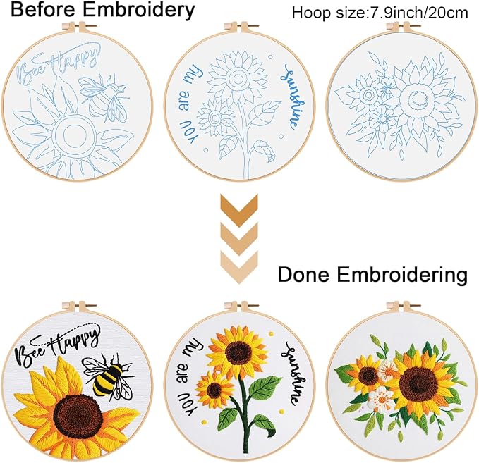 Louise Maelys 3 Set Summer Sunflower Embroidery Kit for Beginners Floral | Bright Sunflower Designs Make a Thoughtful Gift Choice. Needlepoint Kit for DIY Hobbies and Cross Stitch Kits for Adults