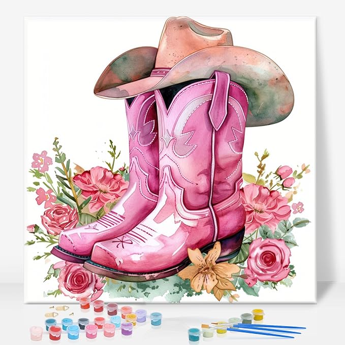 Framed Paint by Numbers Kit for Adults, Pink Cowboy Boots, 10 x 10 Inch | DIY Adult Paint by Number Kit for Beginners, Western Wall Decor, Stress Relief Craft Gift, Creative Hobby