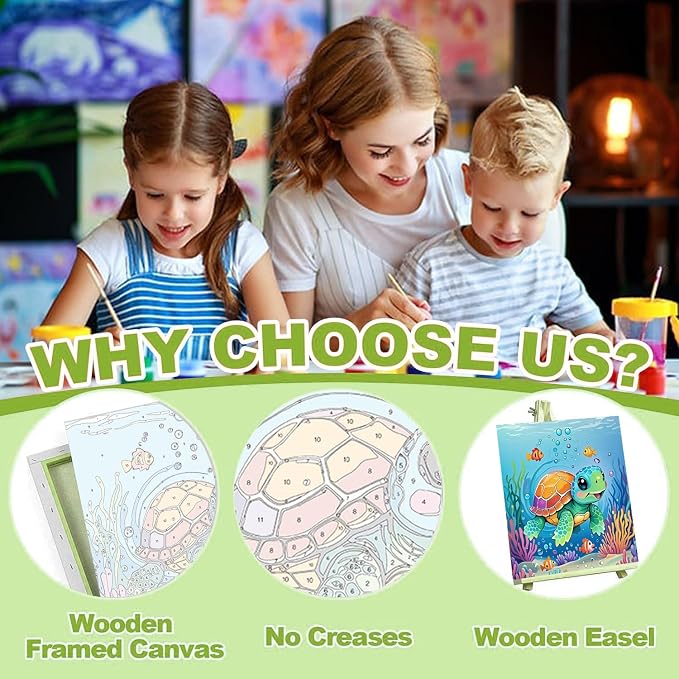 cviokrdu Turtles Paint by Numbers Kit for Kids with Frame - Wooden Easel, Sea Animals Paint by Numbers for Kids Ages 4 8 12, Easy Acrylic Oil Painting Kits for Home Wall Decoration 8x8 inch