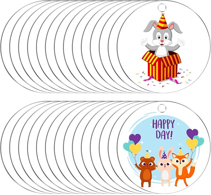 Audab Acrylic Ornament Blanks for Vinyl, Large Clear Acrylic Discs Round Acrylic Blanks Bulk with Hole for Engraving, DIY Projects, Art Crafts(4 Inch, 30 Pcs)