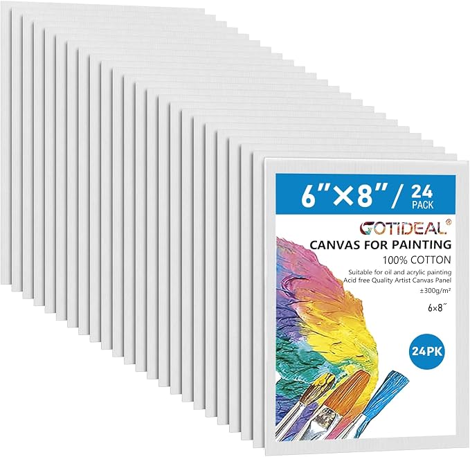 GOTIDEAL Canvases for Painting, 6x8 inch of 24 Pack, 100% Cotton | Professional Primed White Blank Flat Canvas Panels, Artist Canvas Boards for Acrylics Painting, Oil Watercolor Tempera