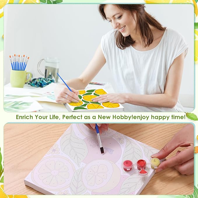 RoundFunny 8 Set Paint by Numbers Drawing Kit for Adults,Summer Fruit | 8x8 in. Mini Simple Painting Canvas Wooden Frame Easel Acrylic Paint Brush Funny Number Drawing Kit for Gift Wall Home Decor