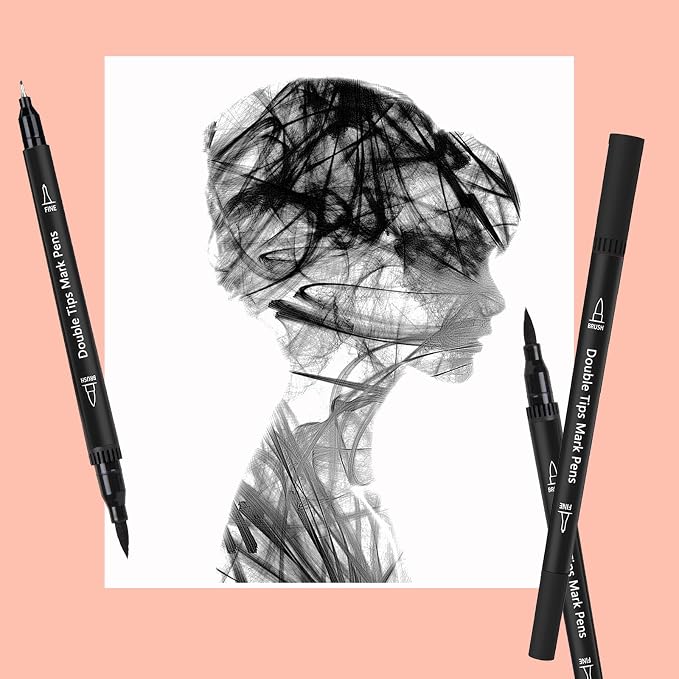 Black Double Tip Brush Pens Art Markers,12 Colored Artist Fine Brush Pen Coloring Markers for Adult Drawing Art Craft Kit