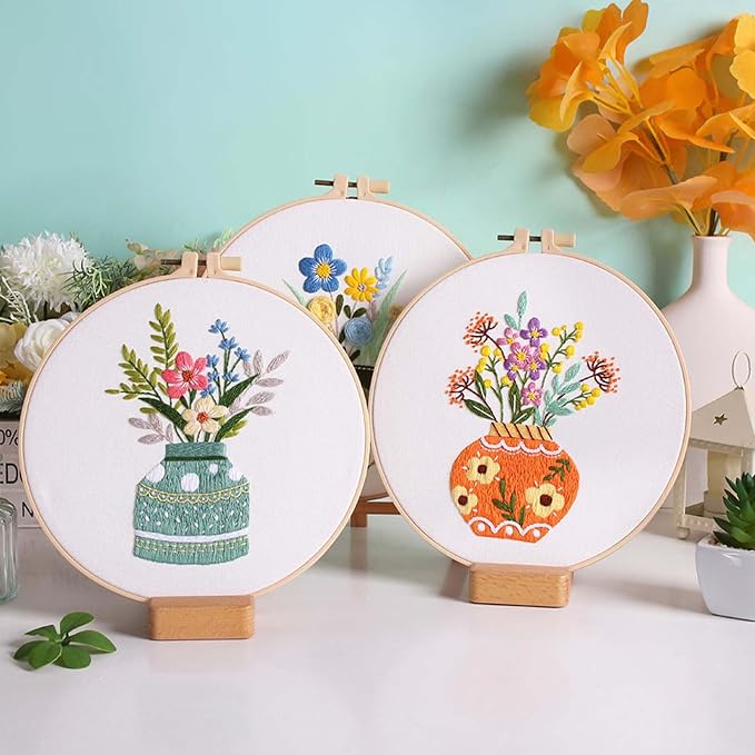 GLTAYLMY 3 Pack Embroidery Starter Kit with Pattern, Stamped Cross Stitch Kits for Beginners Adults with Embroidery Hoop and Instructions, Hand Embroidery Kit