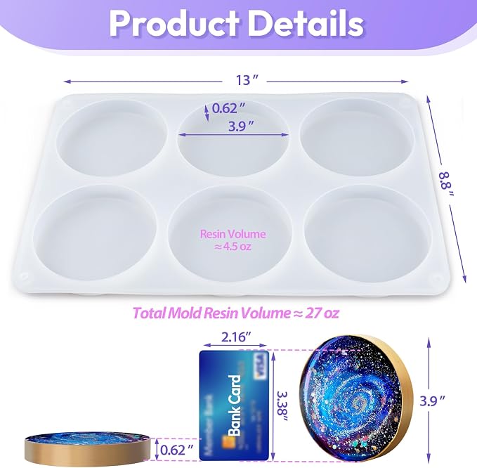 HeyClear Silicone Molds for Resin Coasters 6-Cavity Round Epoxy Resin Molds | for Crafts DIY Tray, Cup Coasters, Flower Bouquet Preservation, Resin Art, Home Decoration, Flexible, Easy to Clean & Demold