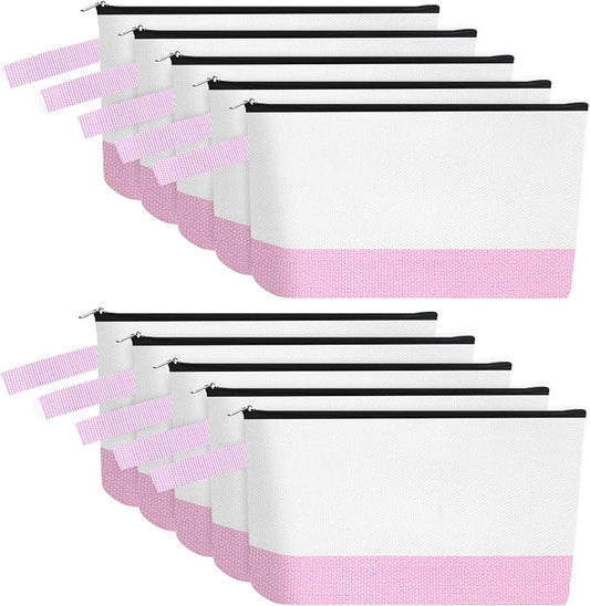 10 Pieces Cotton Canvas Makeup Bag with Bottom and Strap, Multi-Purpose Cosmetic Bag with Zipper Travel Toiletry Pouch, Blank DIY Craft Bag (White&Pink, S)