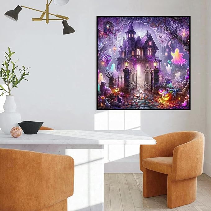 mrpwnle Diamond Art Kits for Adults, Halloween Diamond Painting Kits | Halloween Castle Diamond Art Painting Kits for Adults, 5D Round Full Drill Gem Art Diamond Dots Kits, Home Decor 13.8x13.8 in