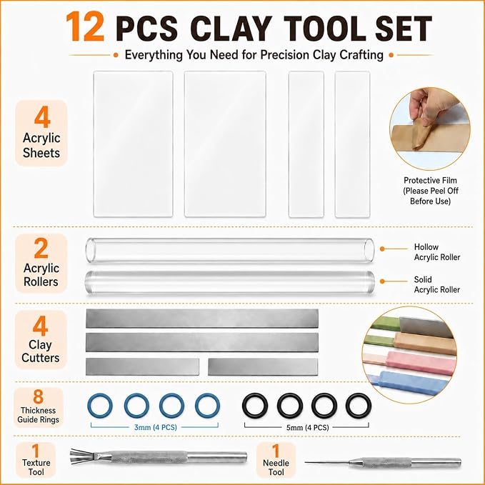 DIYOOHOMY 16pcs Polymer Clay Tools kit, Rolling Pin with Thickness Rings | Air Dry Clay Sculpting Supplies, Small Clear Craft Acrylic Roller, Tissue Blades Cutters Knife, Press Board, Texture Needle
