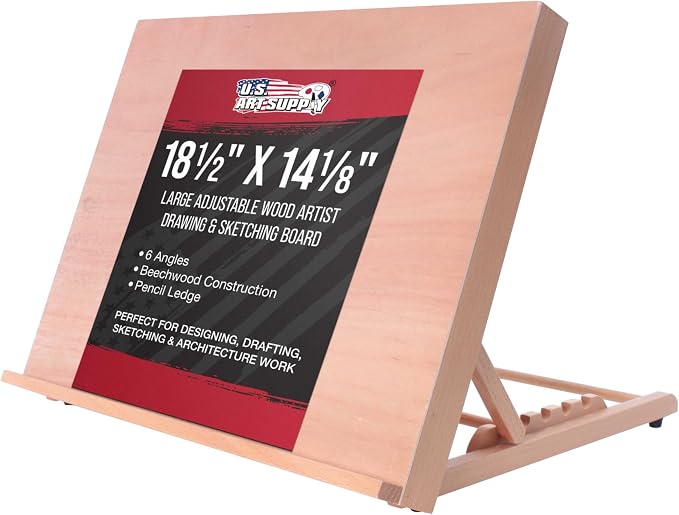U.S. Art Supply Large 18-1/2" x 14-1/8", A3 Wooden Drawing Board Adjustable | Table Top Easel for Painting and Drawing - Drafting Board with 6 Angles, Pencil Ledge