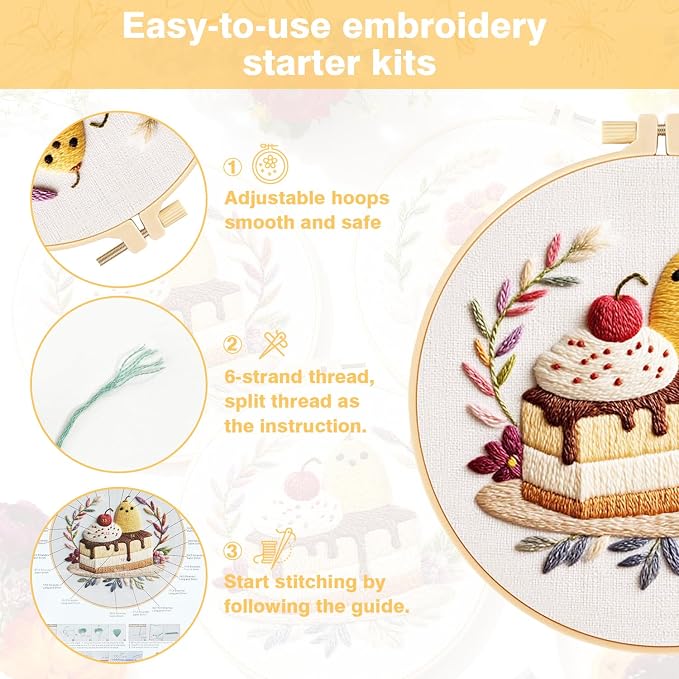 RidaaFri Embroidery Kit for Beginners, 3PC Starter Set Cake Fruit Patterns | Adult Stamped Hand Embroidery Craft Includes Hoop Needles Floss Step-by-Step Guide, DIY Complete Sewing Supplies Cross Stitch