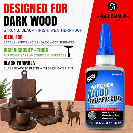 ALECPEA Black Wood Glue, Thick CA Glue for Dark Wood, 30g with 3 Droppers