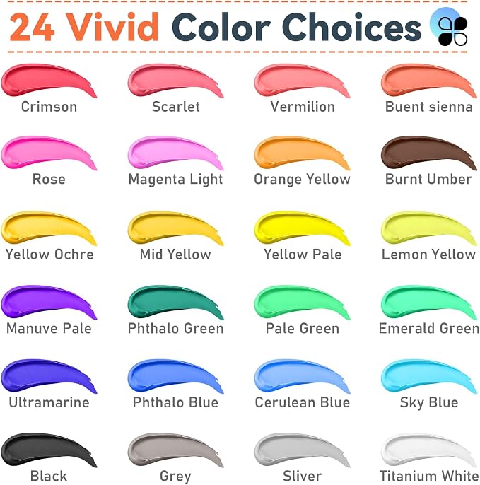 GOTIDEAL Acrylic Paint Set, 24 Colors (100ml, 3.4 oz), with Paint Brushes | Paint Kit, Perfect for Artist, Beginner, Ideal for Wood, Canvas, Rocks, Craft Painting Supplies