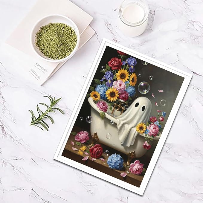 Halloween Diamond Art Kits for Adults,Ghost Bathing in Flower 12 x 16 Inch