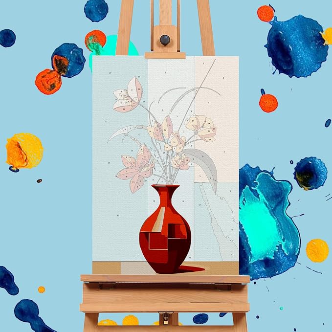 4 Pack Framed Paint by Numbers Kit for Adults with Wooden Easel, 8x12 Inch | Flowers Vase, Easy DIY Acrylic Canvas Craft Kit with Frame for Beginners, Home Decor, Stress Relief Relaxing Hobby Gift