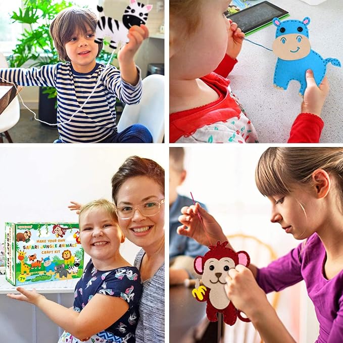 CiyvoLyeen Kids Sewing Kit Crafts - Safari Jungle Animal DIY Felt Crafts for Boys & Girls Art & Craft Set Learn to Sew Toy Animals Gift for Ages 7–12, 10 Cute Projects