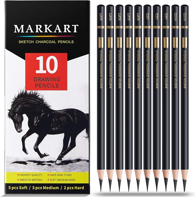 MARKART Professional Charcoal Pencils Drawing Set, 10 Pcs Soft Medium Hard | Charcoal Pencils for Drawing, Sketching, Shading, Artist Pencils for Beginners & Pro Artists