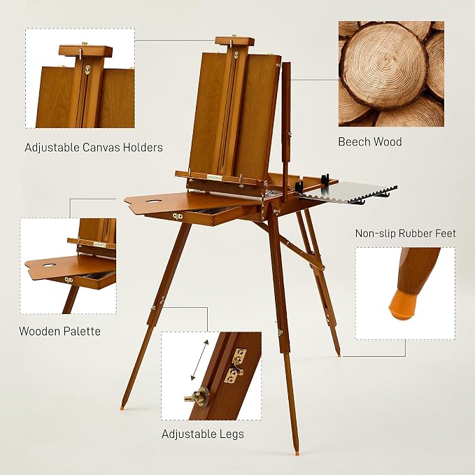 ATWORTH French Easel for Painting, Deluxe Beech Wooden Field & Studio Sketchbox Easel Stand with Metal Side Tray, Portable& Easy Transport for Painting Outdoor, Holds Canvas up to 34"- Light Walnut