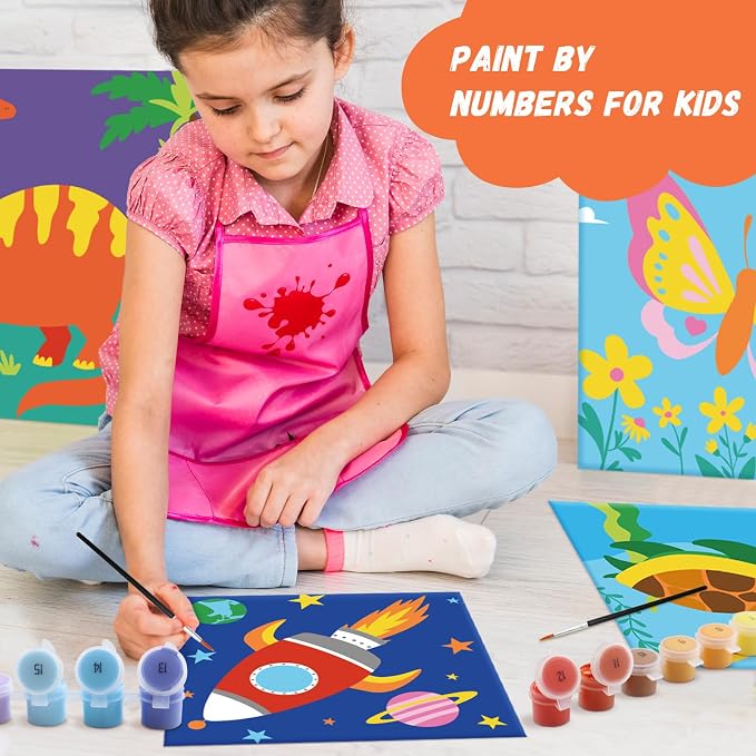goldentime 6 Pack 8x8inch Paint by Numbers Kit for Kids, Predrawn Canvas for Painting with Unicorn, Butterfly & More, Includes 18 Acrylic Paints, 6 Brushes & Easels, Easy Art Supplies for Kids 4-8-12