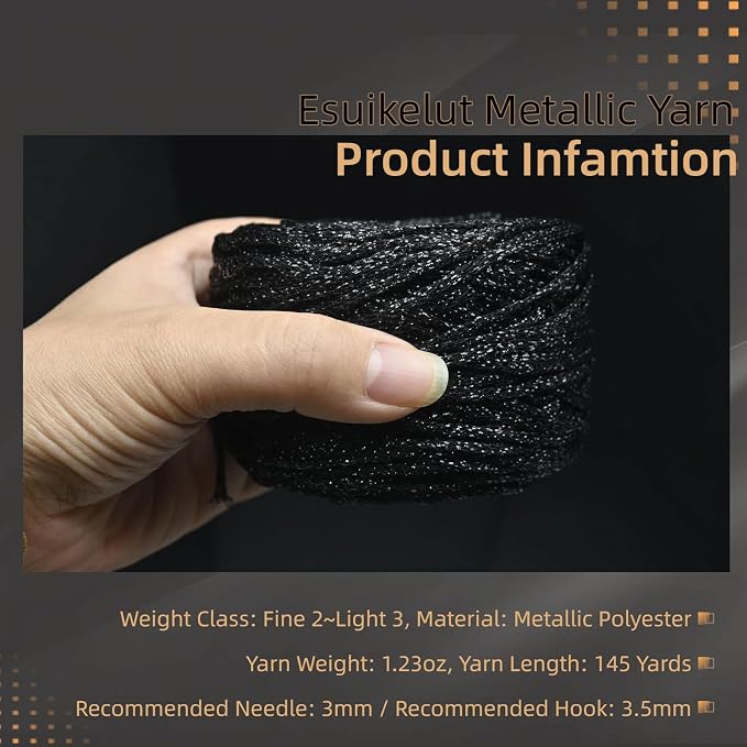 Metallic Glitter Yarn for Crochet & Knitting, Fine 2 Light Weight Worsted for Crochet Knitting, 35g 1.23oz, 145 Yards Soft Craft Sparkle Yarn (Black)