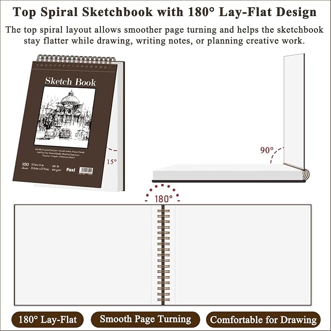 Fuxi Sketch Book 8.5x11, Top Spiral-Bound Sketchbook, 100Sheets_68lb/100gsm | Acid-Free Thick White Drawing Paper Pad for Kids, Blank Artist Sketch Pads for Drawing, Illustration, Art Class Students