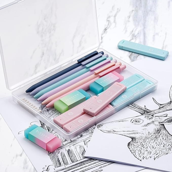 Four Candies Cute Mechanical Pencil Set, 6-Pack 0.5/0.7mm | 360 Lead Refills, 3 Erasers, 9 Eraser Refills, Storage Case, Back to School Supplies for Girls, Pastel Aesthetic Stationery