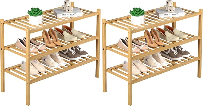 ROMGUAR CRAFT 3 Tier Bamboo Shoe Rack for Closet Free Standing Wood Shoe Shelf Storage Organizer for Entryway Small Space Stackable 27"x11"x20" (Natural) (Pack of 2)