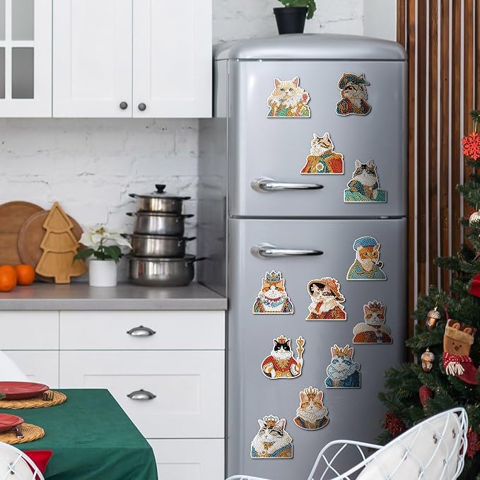 Zonon 12 Pcs Cat Diamond Magnets Fridge, Cute Kitten Decor Stickers Set | Diamond Painting Art Style, Magnetic Back for Refrigerator Surfaces, Cute Animal Characters, Kitchen Home Decor