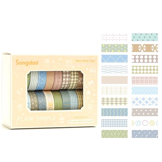 20 Rolls Basic Washi Tape Set Japanese Arts Adhesive Tapes Simple Patterns Decorative Masking Tape Sets for Craft, Kids, Scrapbook, DIY, Gift Wrapping (Style Four)